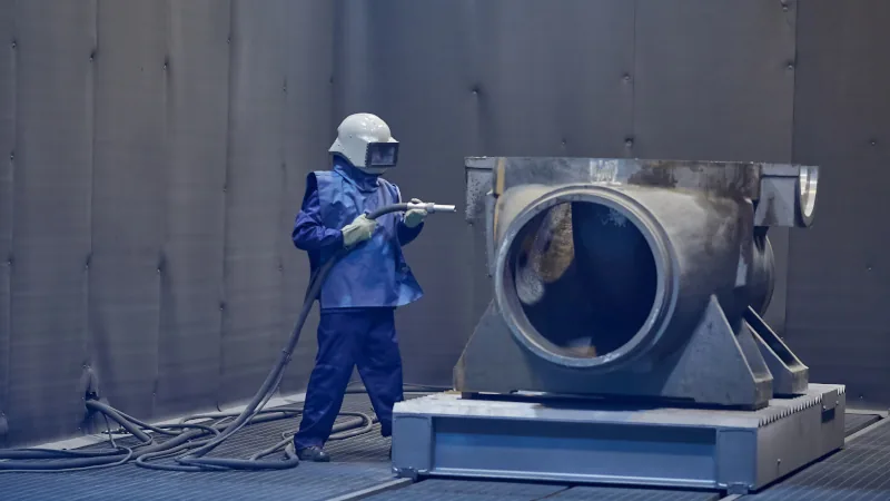 Operador realizando jateamento industrial com equipamento PMK