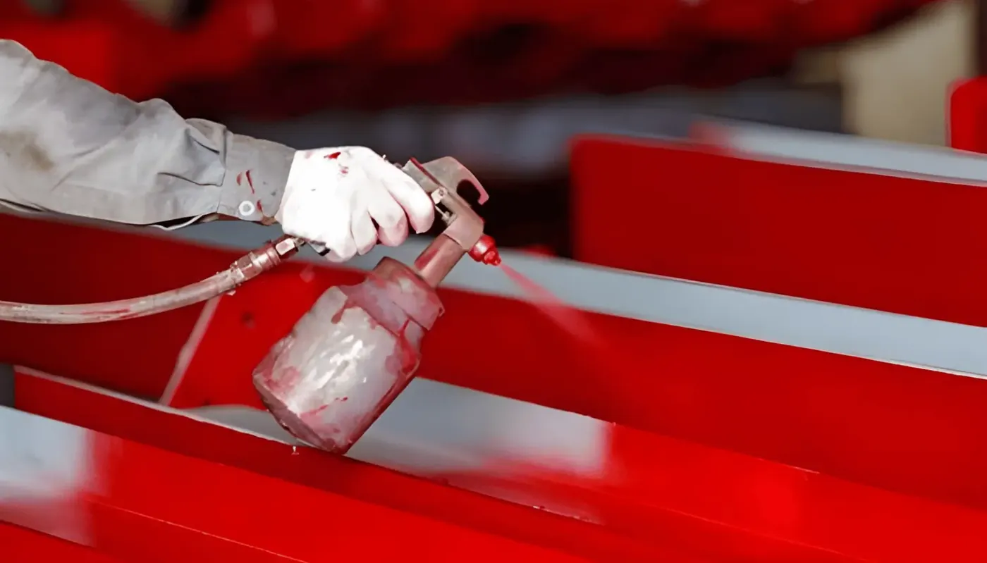 Aplicação de tinta vermelha com pistola de pintura em peça metálica
